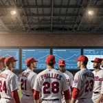 Philadelphia Phillies players studying analytics board with golden stadium lighting and industrial ballpark backdrop.