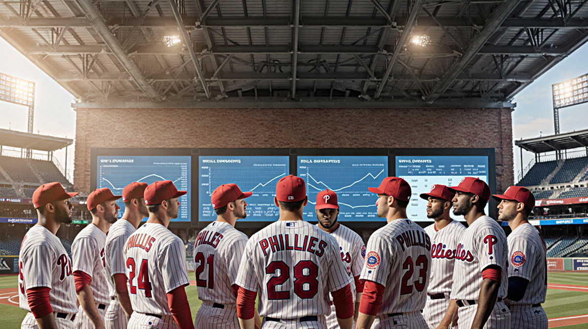 Philadelphia Phillies players studying analytics board with golden stadium lighting and industrial ballpark backdrop.