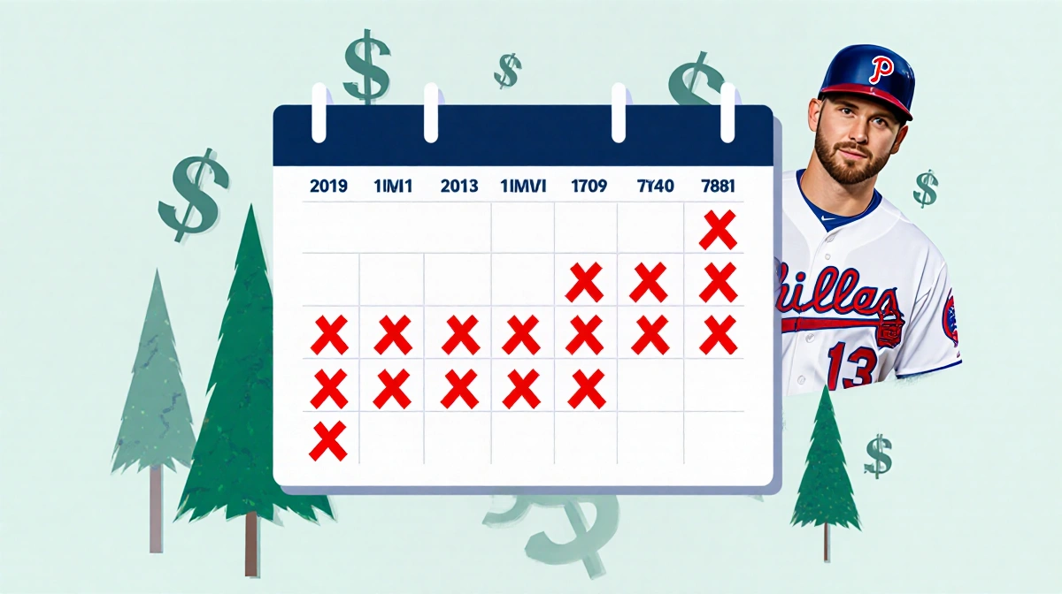 Calendar showing ten years crossed out with red X marks with dollar signs and Bryce Harper jersey in background