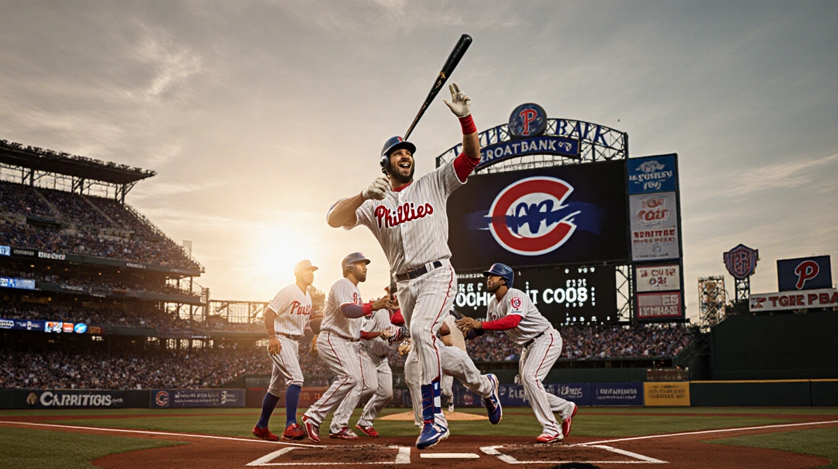 Phillies shortstop T.J. Realmuto celebrating home run with teammates and glowing scoreboard at Citizens Bank Park