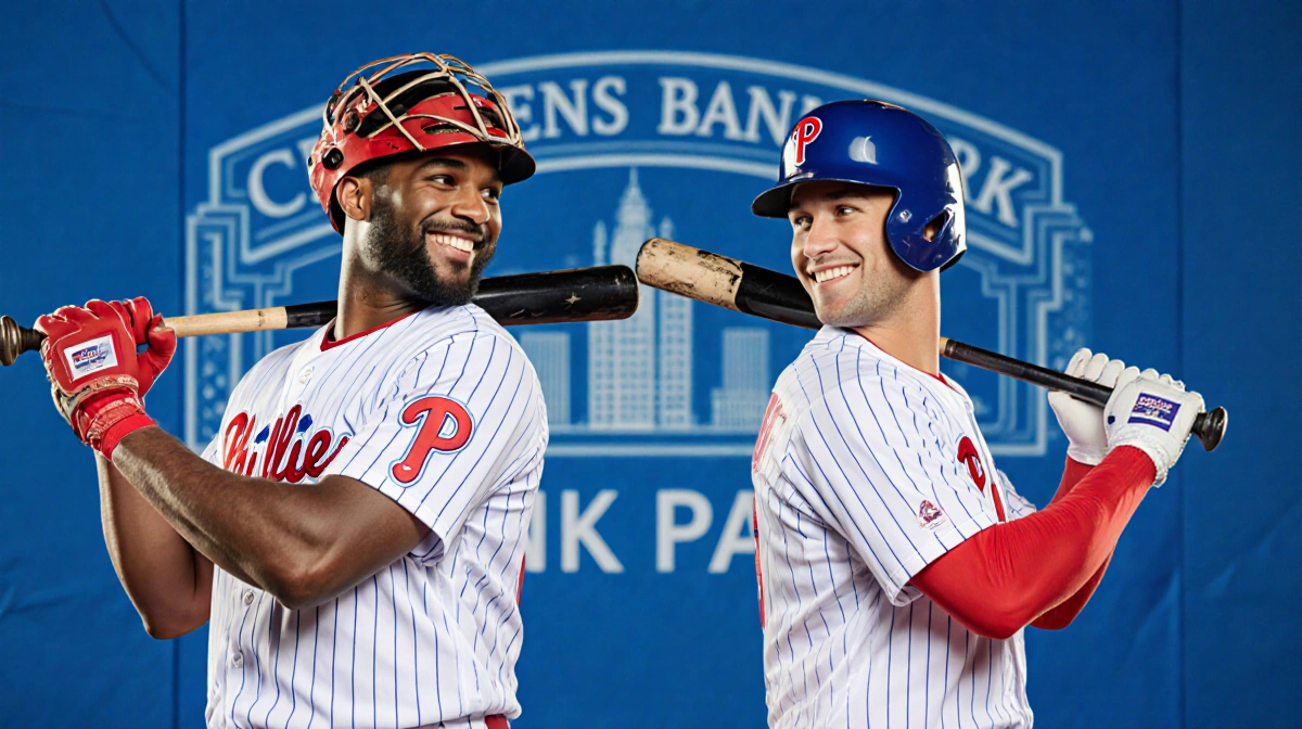 J.T. Realmuto and Rhys Hoskins high-fiving with Phillies jerseys and bats at Citizens Bank Park