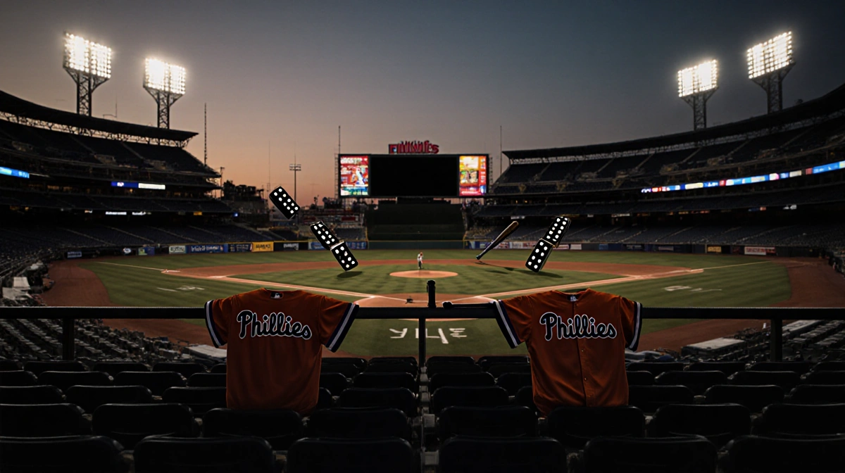 Empty baseball stadium seats cast long shadows with Phillies jerseys draped over railing and bat leaning nearby