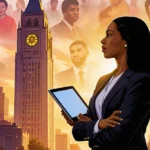 Young woman mayor standing with tablet and Philadelphia City Hall bell tower glowing and diverse people in background