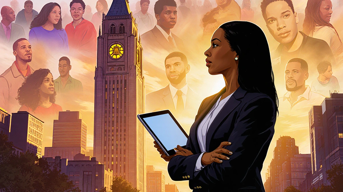 Young woman mayor standing with tablet and Philadelphia City Hall bell tower glowing and diverse people in background