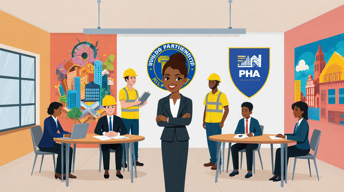 Mayor Cherelle Parker speaking at center stage with union representatives and architects in a renovated Philadelphia communit