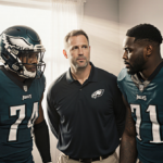Eagles players huddle with coach Joe Kasper during a team meeting under warm natural light and show unity and focus