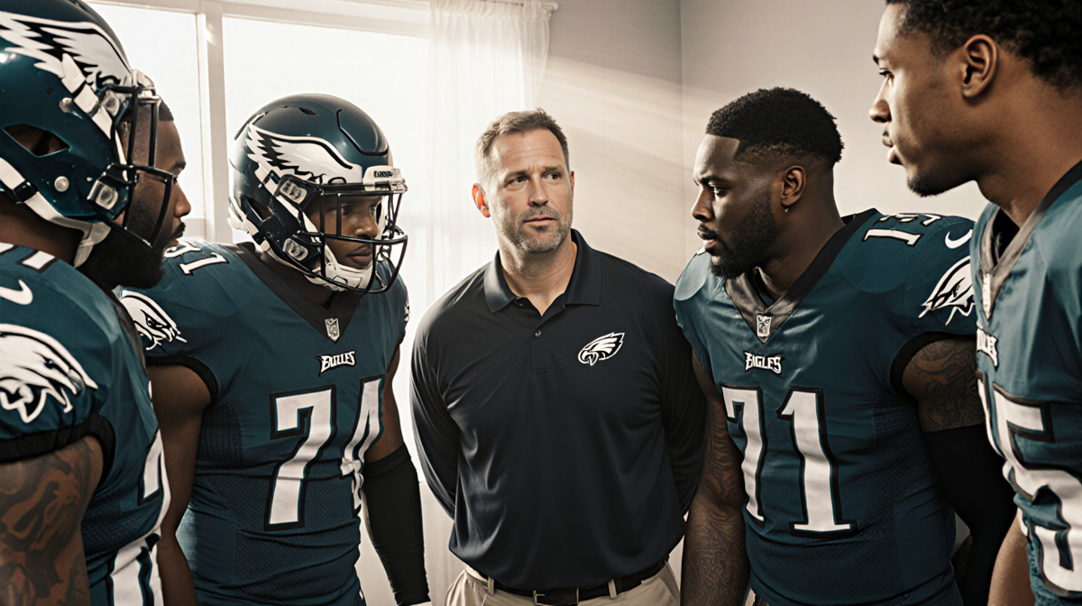 Eagles players huddle with coach Joe Kasper during a team meeting under warm natural light and show unity and focus