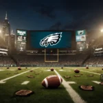 Lone football lies abandoned on turf with Eagles logo glowing on scoreboard and stadium lights illuminating Philadelphia skyl