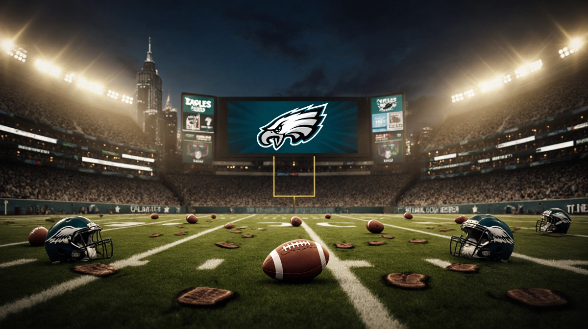 Lone football lies abandoned on turf with Eagles logo glowing on scoreboard and stadium lights illuminating Philadelphia skyl