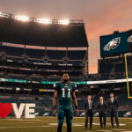 Jerrod Johnson stands on the field with the I Love Philly sign in the foreground and warm dusk lights over empty seats