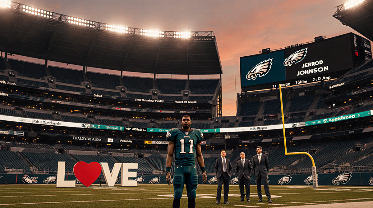 Jerrod Johnson stands on the field with the I Love Philly sign in the foreground and warm dusk lights over empty seats