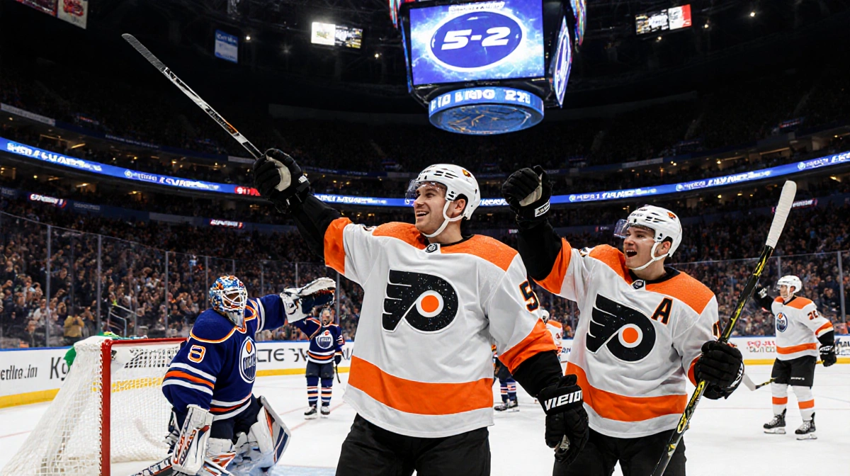 Denver Barkey raises his stick proudly with Flyers teammates cheering and scoreboard showing 5-2 in the electric arena