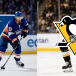 Flyers player steps forward holding a puck while Penguins player steps back with a puck on background showing Flyers and Peng