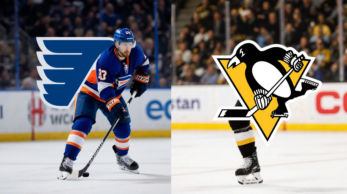 Flyers player steps forward holding a puck while Penguins player steps back with a puck on background showing Flyers and Peng