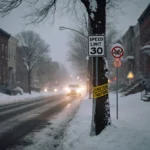 Cars driving slowly on snow-covered Philly street with speed limit sign and caution tape wrapped around tree