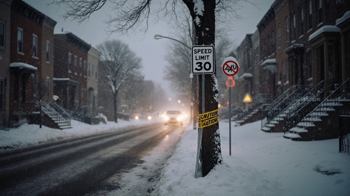 Cars driving slowly on snow-covered Philly street with speed limit sign and caution tape wrapped around tree