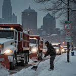 Resident shoveling snow onto sidewalk with snowplows and dump trucks lined up near Philadelphia skyline in winter.
