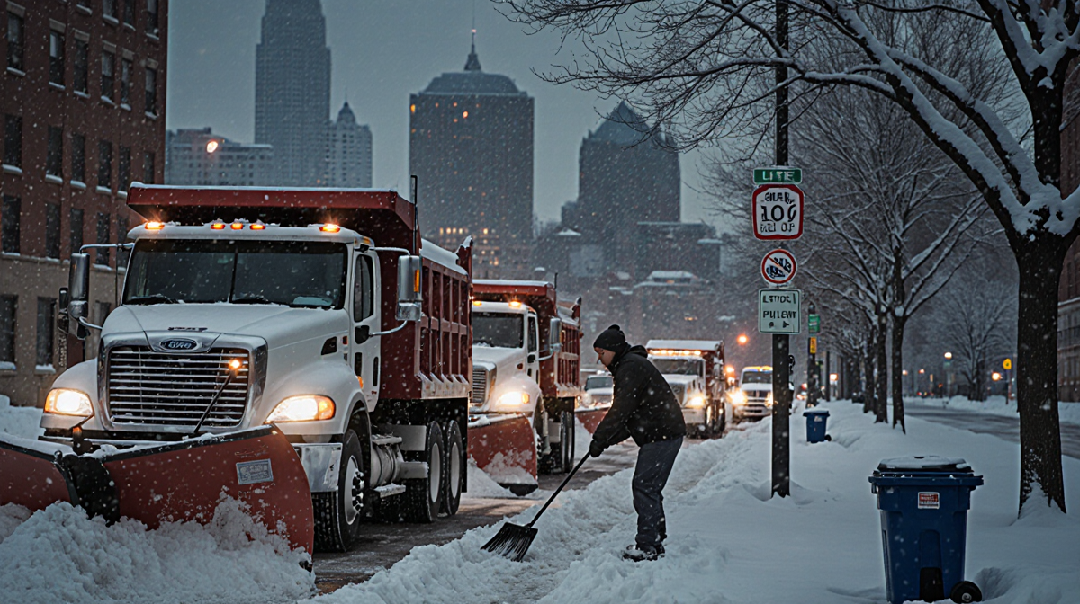Resident shoveling snow onto sidewalk with snowplows and dump trucks lined up near Philadelphia skyline in winter.