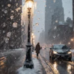 Frozen streetlamp casting warm glow with swirling snowflakes and icy rain in a Philadelphia winter storm