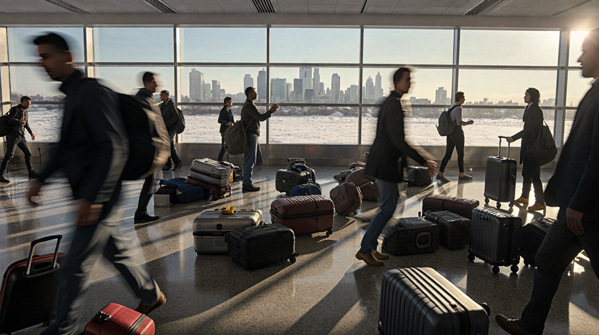 Luggage spills across airport terminal floor with snow‑covered ground outside and travelers