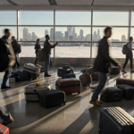 Luggage spills across airport terminal floor with snow‑covered ground outside and travelers