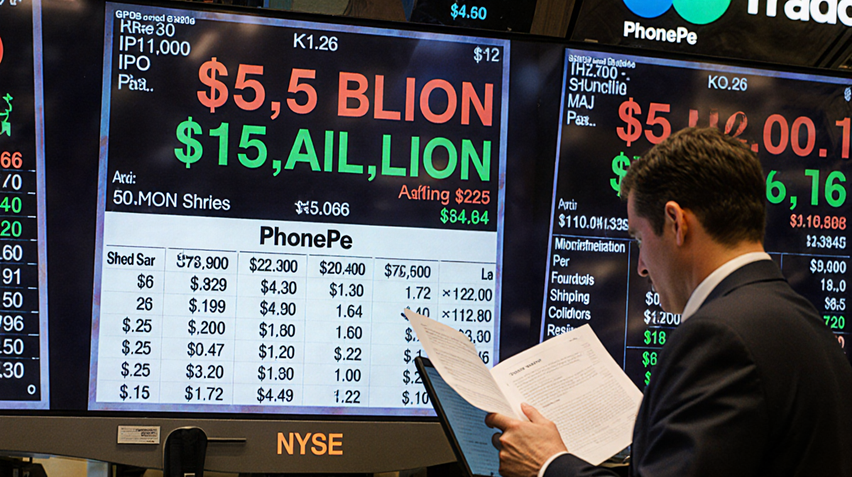 Analyst reviewing prospectus on laptop with ticker showing $15B PhonePe valuation and whiteboard listing 50.66M shares for sa