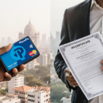 Two businessmen exchanging documents with a digital PhonePe wallet and a stock certificate against a blurred city skyline.