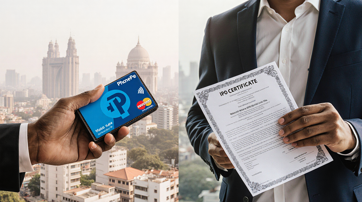 Two businessmen exchanging documents with a digital PhonePe wallet and a stock certificate against a blurred city skyline.
