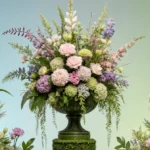 Lush floral arrangement bursts with pastel exotic flowers and verdant foliage under soft natural light at Philadelphia Flower