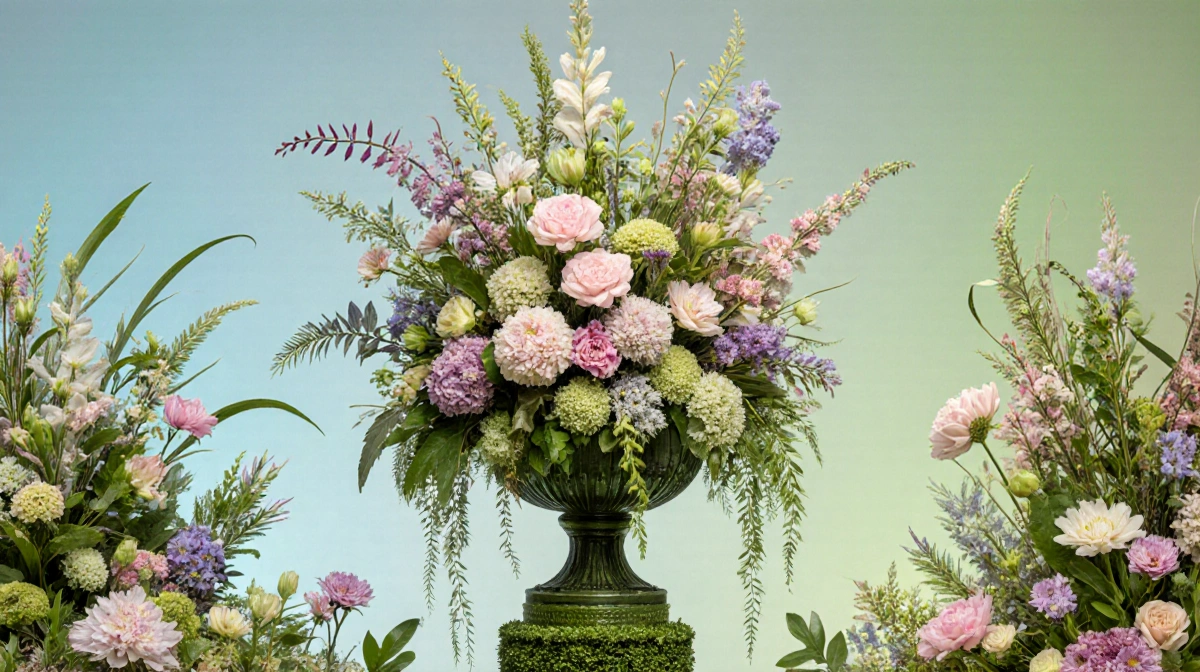 Lush floral arrangement bursts with pastel exotic flowers and verdant foliage under soft natural light at Philadelphia Flower