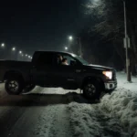 Pickup truck skidding off the icy road toward a median with a trembling figure holding a glowing cell phone