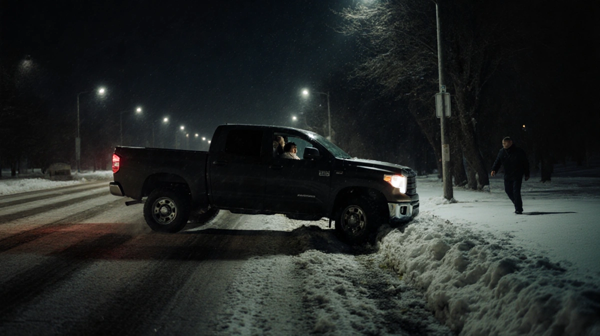Pickup truck skidding off the icy road toward a median with a trembling figure holding a glowing cell phone