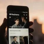 Person watching PineDrama app on smartphone with sunset cityscape behind