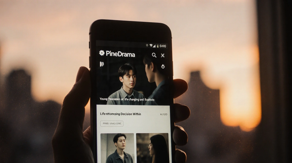 Person watching PineDrama app on smartphone with sunset cityscape behind