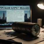 Worn metal pipe bomb glowing under flickering desk lamp with shattered glass and a laptop screen showing a cryptic message