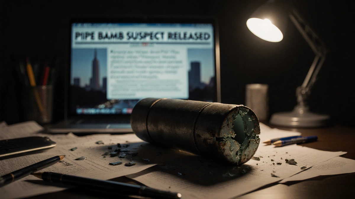 Worn metal pipe bomb glowing under flickering desk lamp with shattered glass and a laptop screen showing a cryptic message