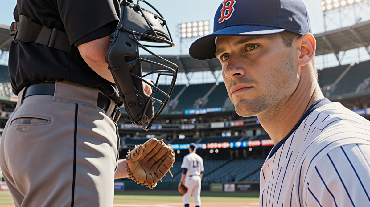 Pitcher focusing on umpire's mask with catcher ready to steal in background under warm stadium lights