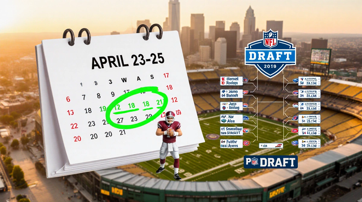 Calendar shows April 23-25 circled with draft board and football quarterback figurine near Pittsburgh's PNC Park map