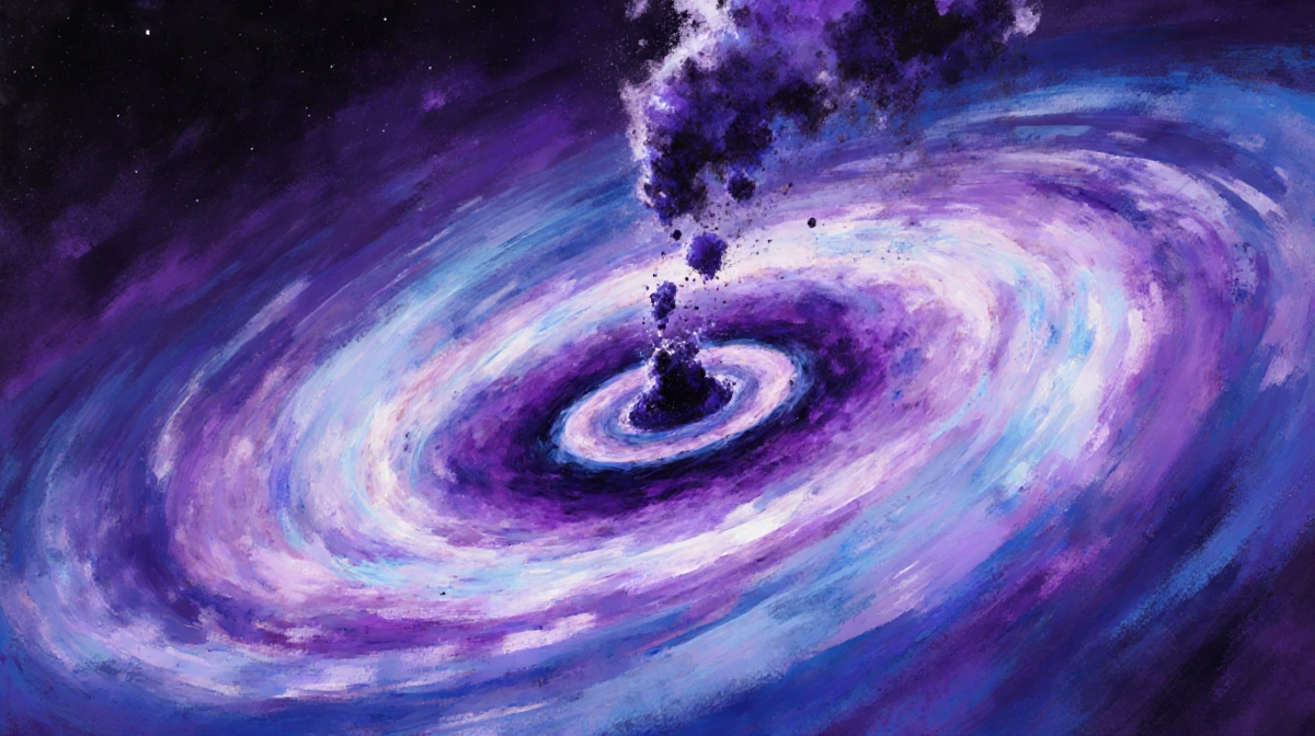 Vortex swirling around a planetary disk with purple and blue hues and irregular curvature
