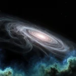 Glowing disk stretches across the frame with wispy filaments and swirling nebulae lighting the void.