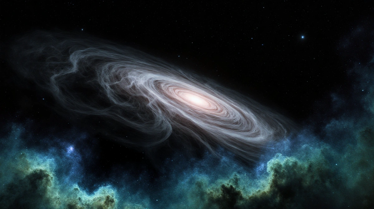 Glowing disk stretches across the frame with wispy filaments and swirling nebulae lighting the void.