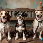 Three dogs standing together with a wooden bench and dog toys scattered and stylish collars in a vintage backdrop