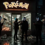 Masked robbers threaten hostage outside Pokémon shop with shattered glass and neon sign flickering above