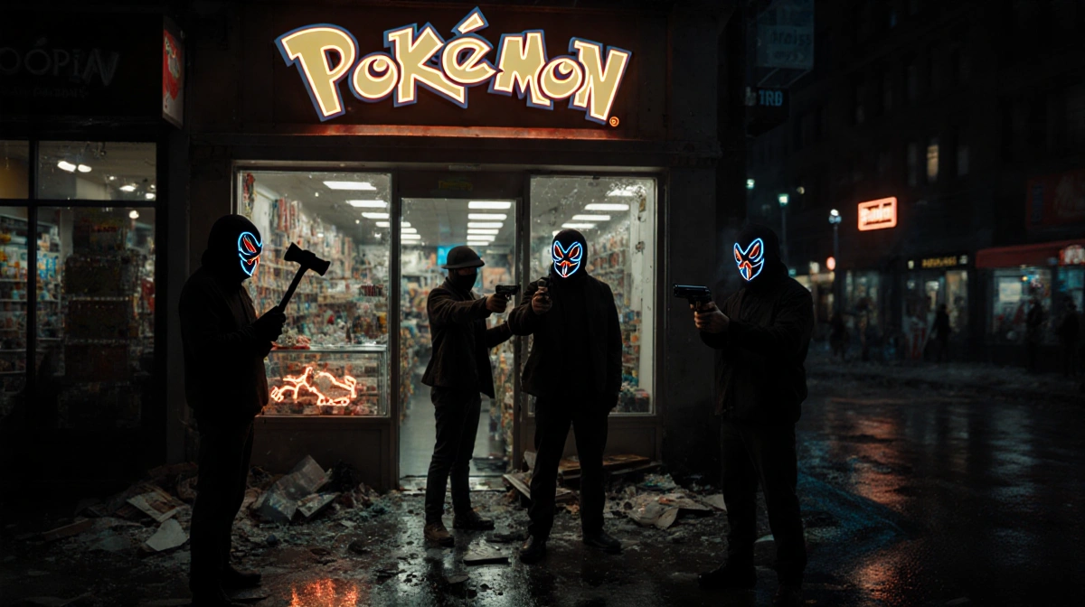 Masked robbers threaten hostage outside Pokémon shop with shattered glass and neon sign flickering above
