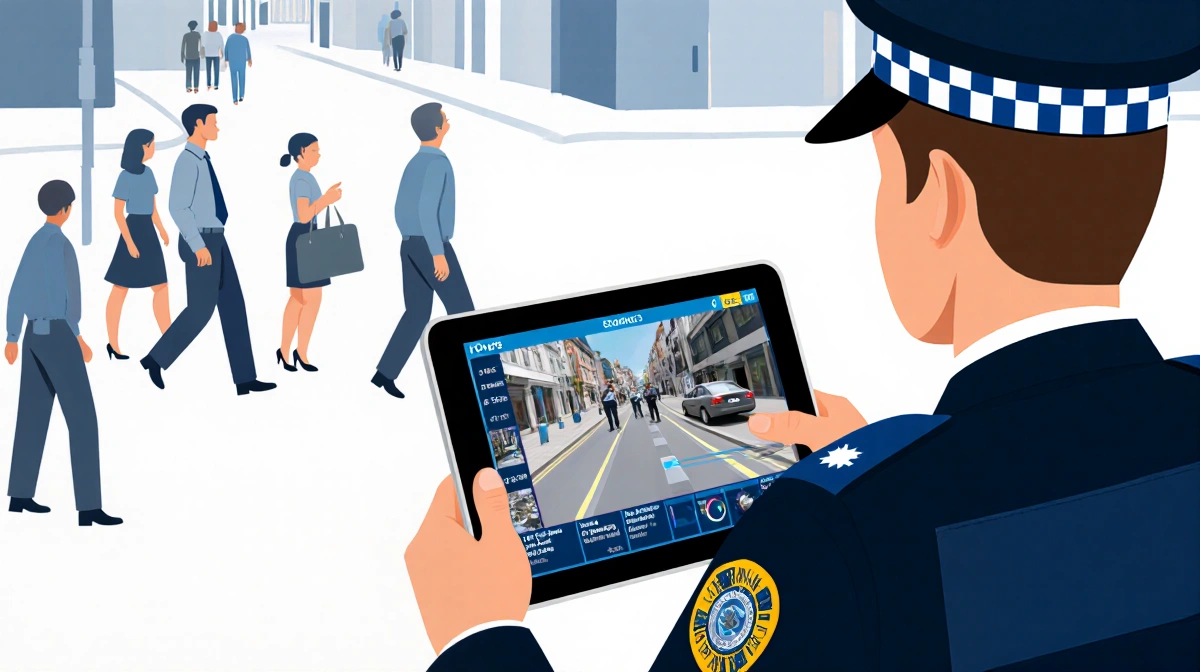 Police officer reviewing AI camera footage on tablet with timeline and evidence markers while blurred figures stand in backgr