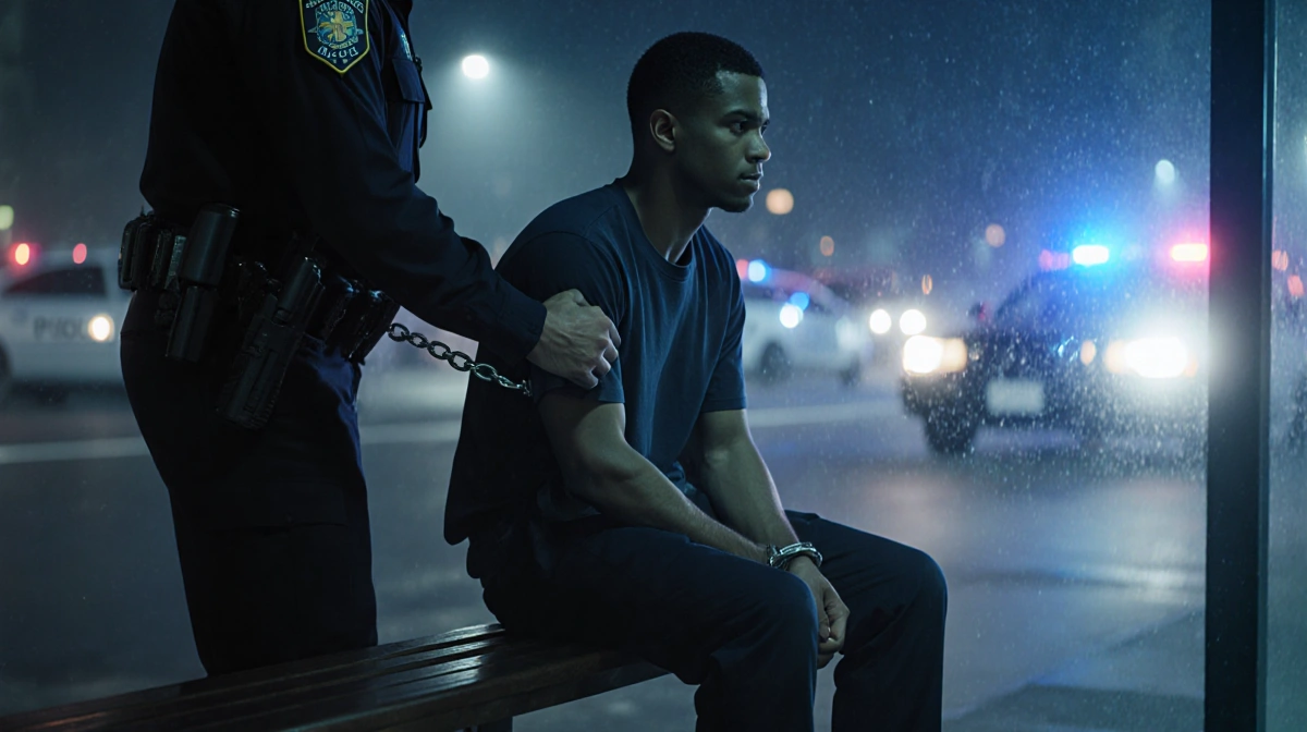 Police officer handcuffing suspect Hawkins with squad cars and emergency lights in the background