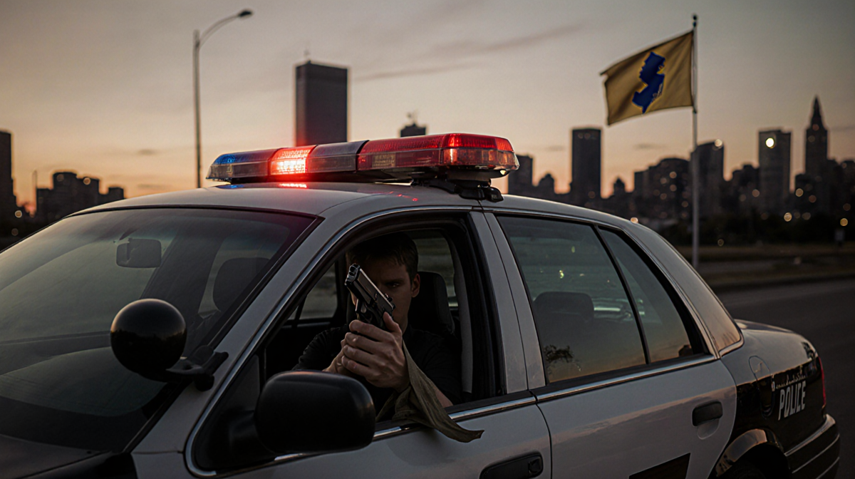 Police car parked with flashing lights and a hand holding a gun visible through the window in a dusk city background.