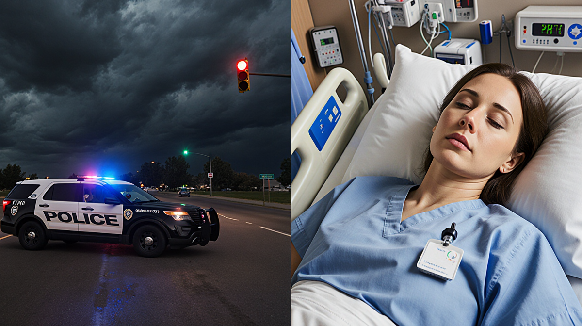 Police car stops on roadside with traffic light under dark sky while ICU nurse lies on bed
