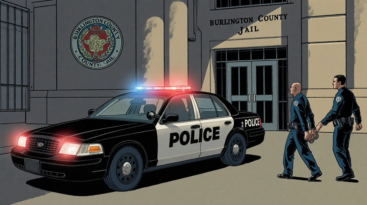 Handcuffed figure being led away by two officers with police car lights and jail entrance in background