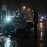 Police officers standing beside a police car with lights reflecting on pavement and spotlight